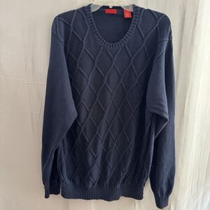 IZOD Men’s Sweater 2XL Navy Blue Diamond Stitch Crew Neck Knit 100% Cotton